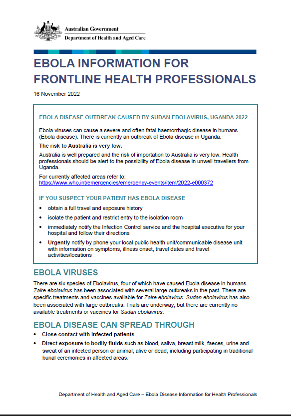 Ebola information for front line health professionals