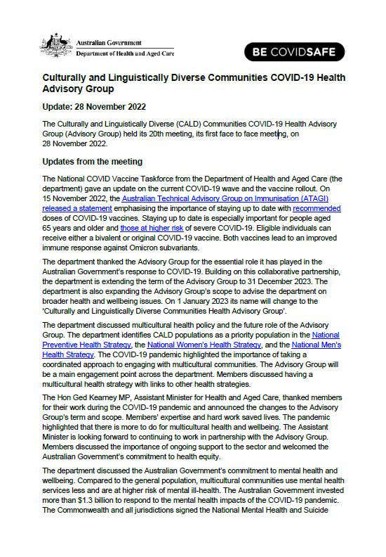CALD COVID-19 Advisory Group communique