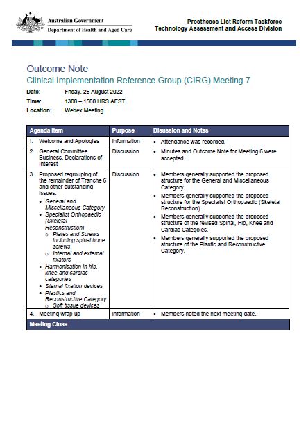 CIRG outcome note – 26 August 2022
