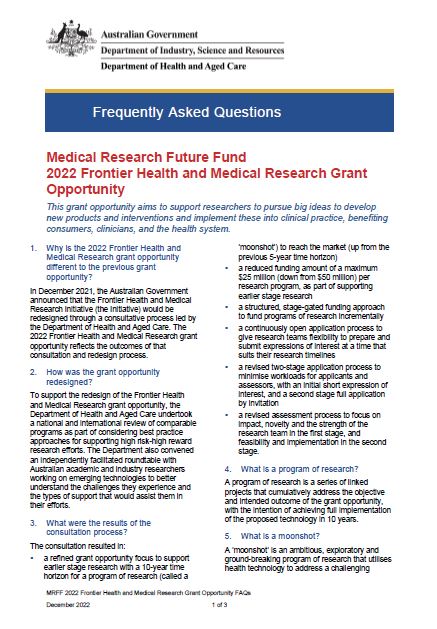 Medical Research Future Fund 2022 Frontier Health and Medical Research Grant Opportunity – Frequently Asked Questions
