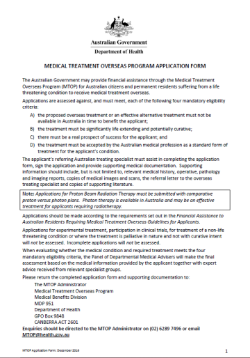 Cover image for Medical Treatment Overseas Program – Application form
