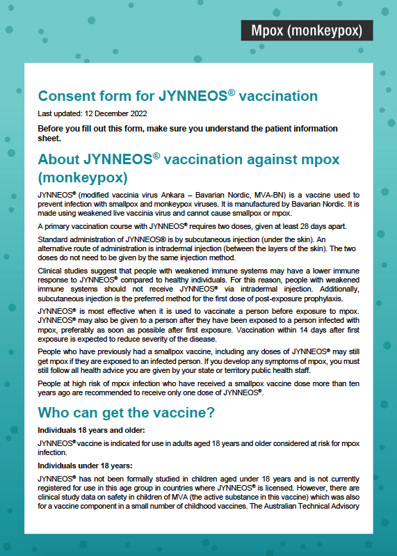 Cover image for Monkeypox (MPX) – Consent form for JYNNEOS® vaccination