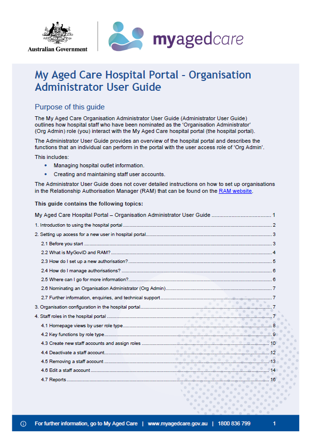 My Aged Care Hospital Portal – Organisation Administrator User Guide
