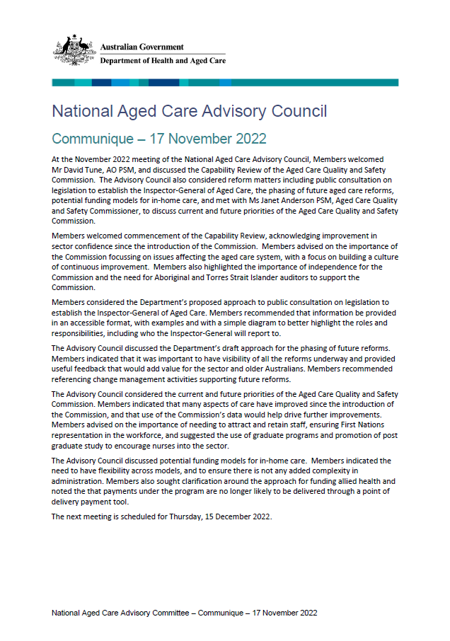 National Aged Care Advisory Council communique – November 2022
