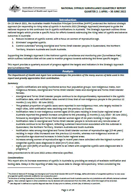 National syphilis surveillance quarterly report – 1 April to 30 June 2022