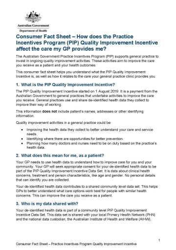 Cover image for Practice Incentives Program Quality Improvement Incentive – Consumer fact sheet