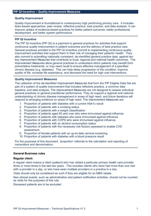 Cover for Practice Incentives Program quality improvement –Technical specifications