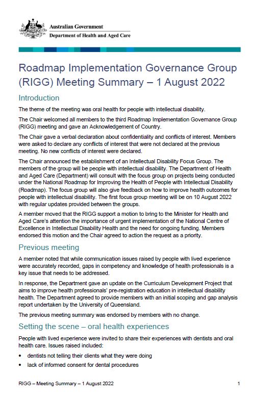 Cover image Roadmap Implementation Governance Group (RIGG) – Meeting Summary 1 August 2022