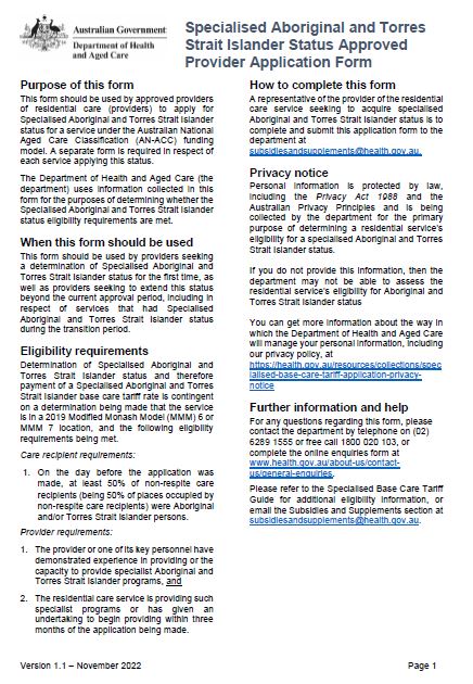 Cover image Specialised Aboriginal and Torres strait Islander status approved provider application form