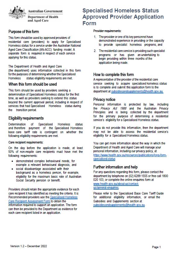 Cover page Specialised homeless status approved provider application form