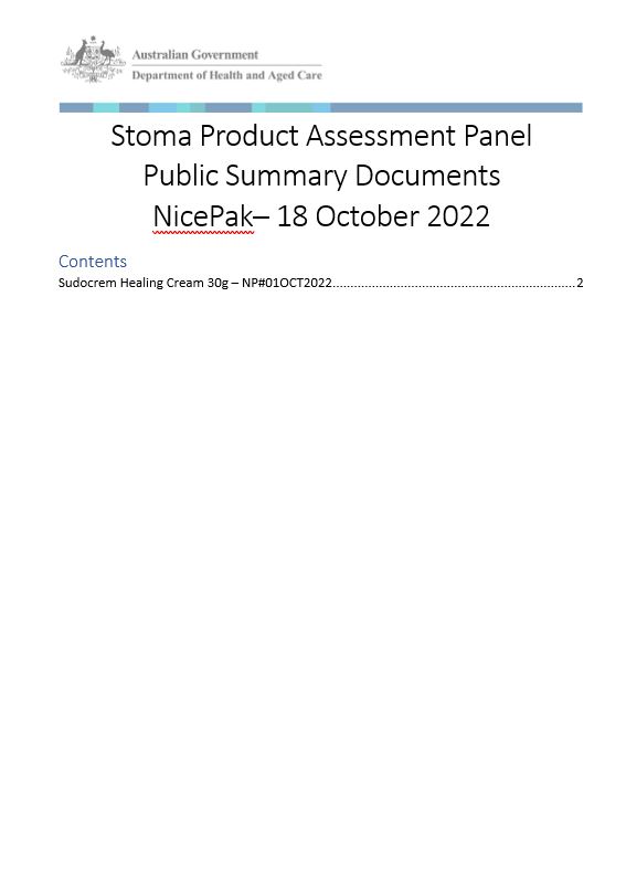 Cover image Stoma Product Assessment Panel – Public summary document – NicePak
