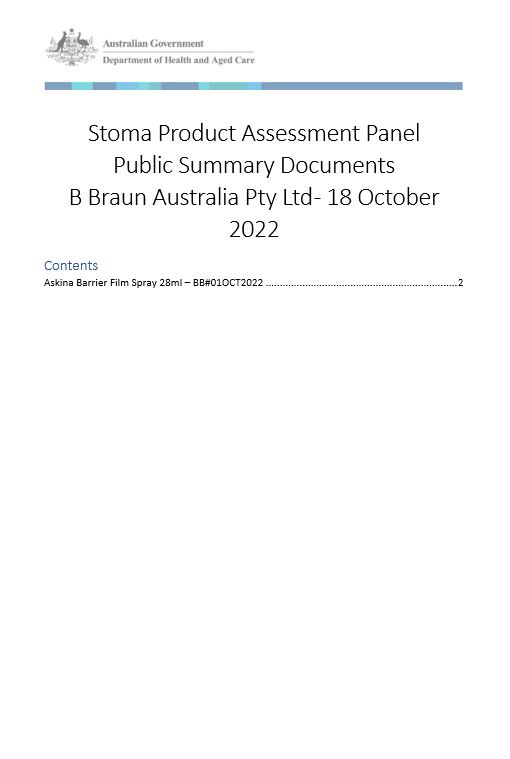 Cover image Stoma Product Assessment Panel – Public summary documents – B Braun Australia Pty Ltd