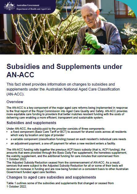 Cover page Subsidies and Supplements under AN-ACC