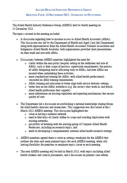 Allied Health Industry Reference Group Meeting – Summary of Outcomes