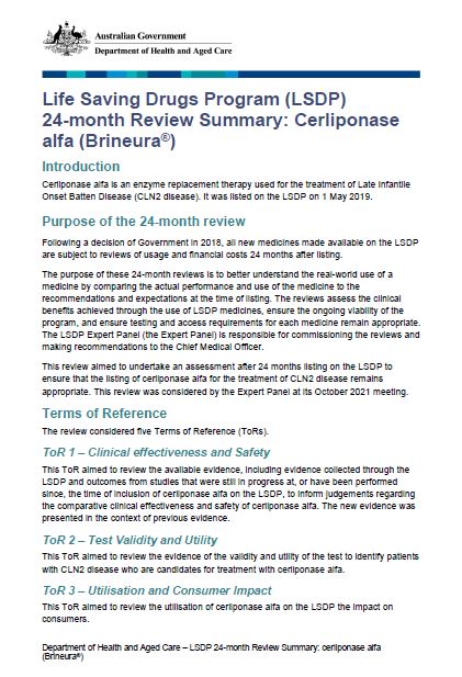 Cover page Life Saving Drugs Program (LSDP) 24-month Review Summary: Cerliponase alfa (Brineura®)