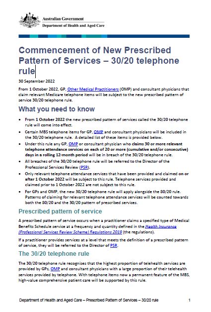 Cover page Commencement of new prescribed pattern of services 30/20 telephone rule (January 2023)