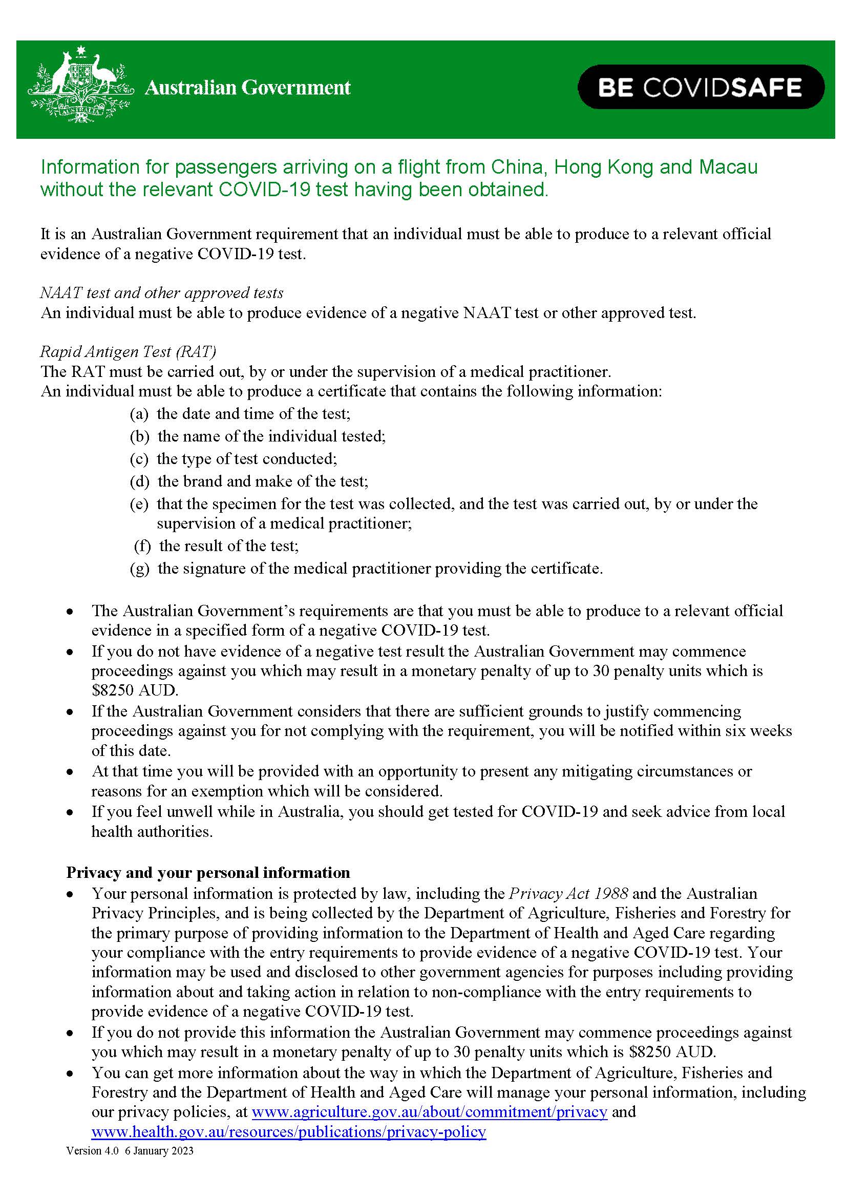 Entry requirements for travellers from China, Hong Kong and Macau