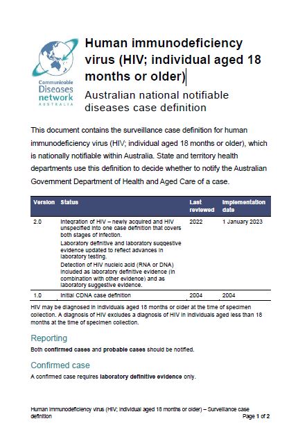 Cover page Human immunodeficiency virus (HIV; individual aged 18 months or older) 