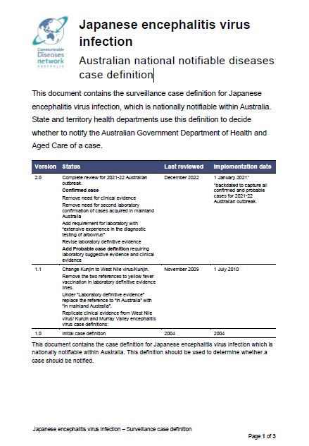 Cover page Japanese encephalitis virus infection – Surveillance case definition