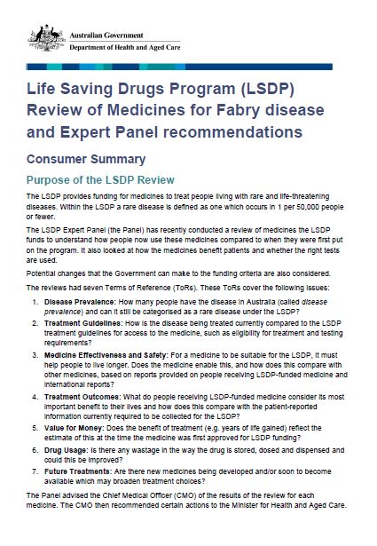 Cover page LSDP Review summary and expert panel recommendations for consumers