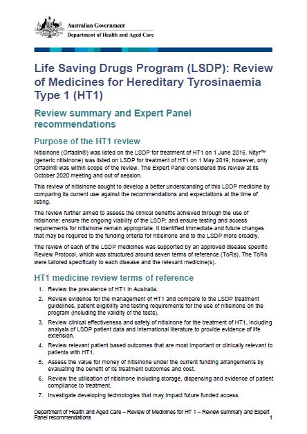 Cover page LSDP HT1 – Review summary and Expert Panel recommendations