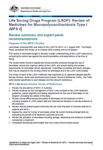 Cover page MPSI Review summary and expert panel recommendations