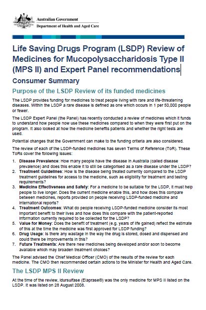 Cover page MPS II – Medicines review summary for consumers