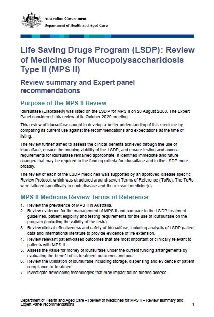 Cover page LSDP MPS II – Medicines review summary