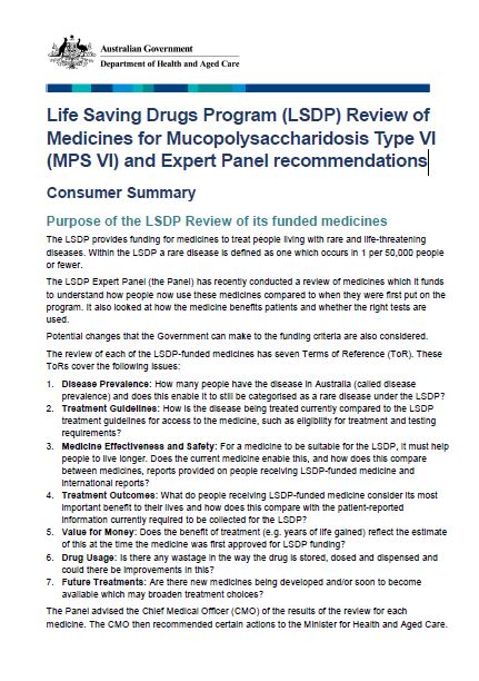 Cover page LSDP Review of Medicines for Mucopolysaccharidosis Type VI (MPS VI) and Expert Panel recommendations