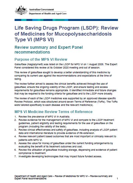 Cover page LSDP MPS VI – Review summary and Expert Panel recommendations