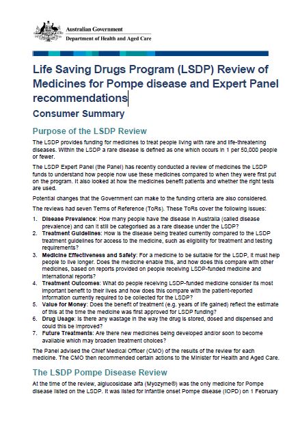 Cover page Pompe disease – Medicines review summary for consumers