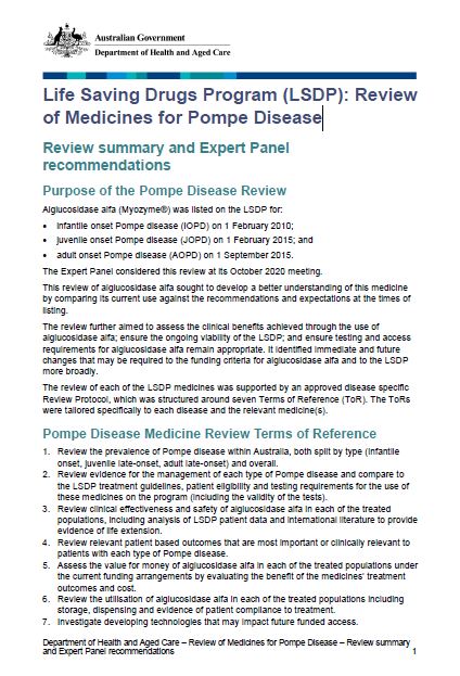 Cover page Pompe Disease Medicines review summary