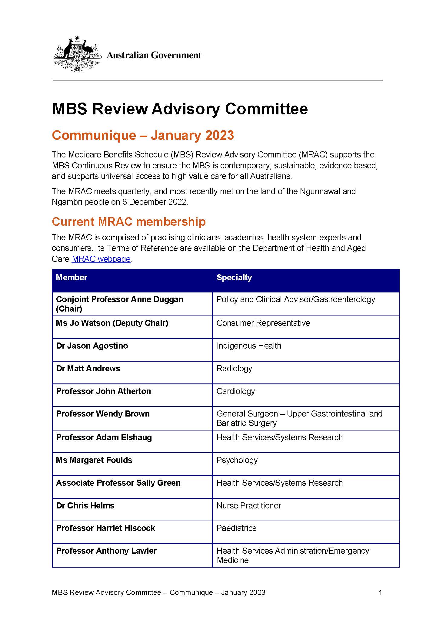 MBS Review Advisory Committee communique – January 2023