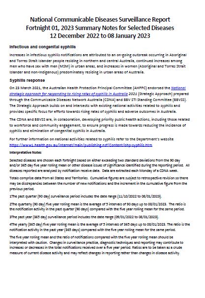 Cover page for NNDSS fortnightly reports – 12 December 2022 to 8 January 2023