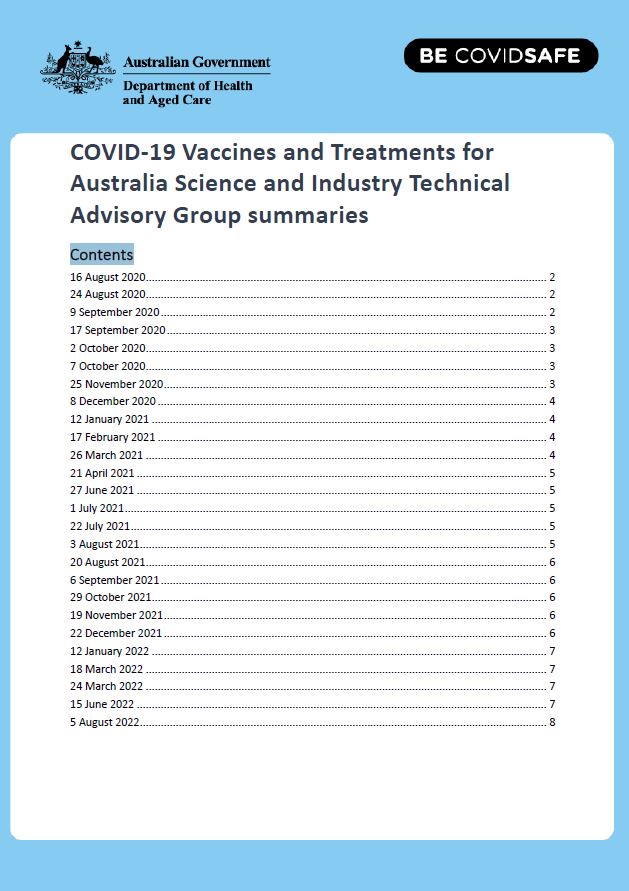 Cover page The COVID-19 Vaccines and Treatments for Australia – Science and Industry Technical Advisory Group summaries