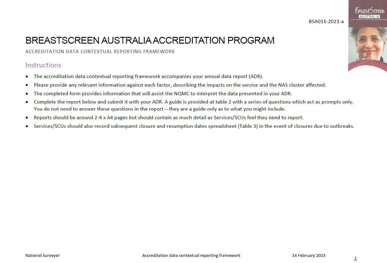 Cover image BreastScreen Australia – Accreditation data contextual reporting framework
