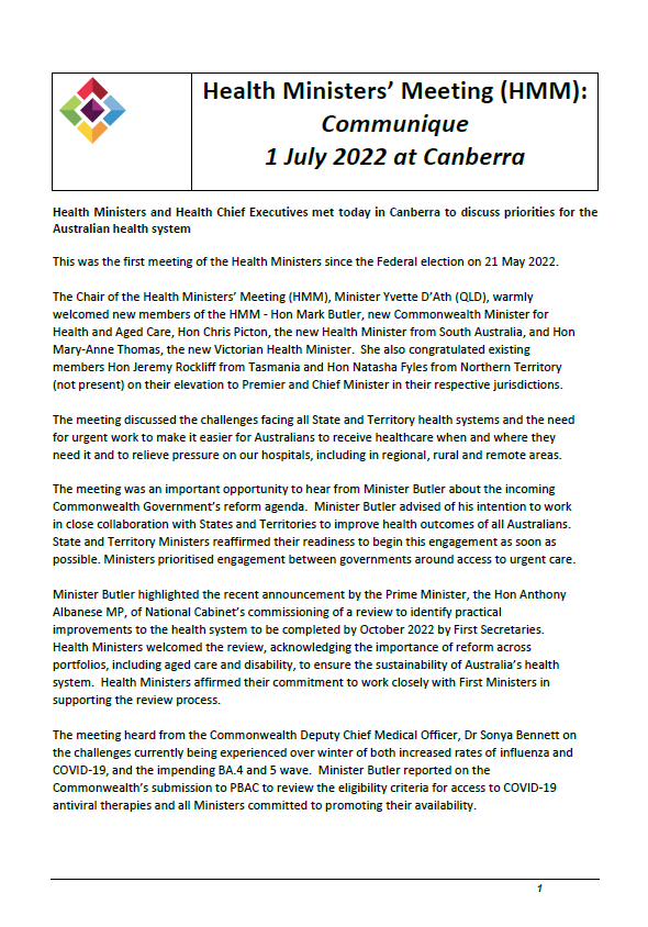 Health Ministers’ Meeting – Communique (1 July 2022)