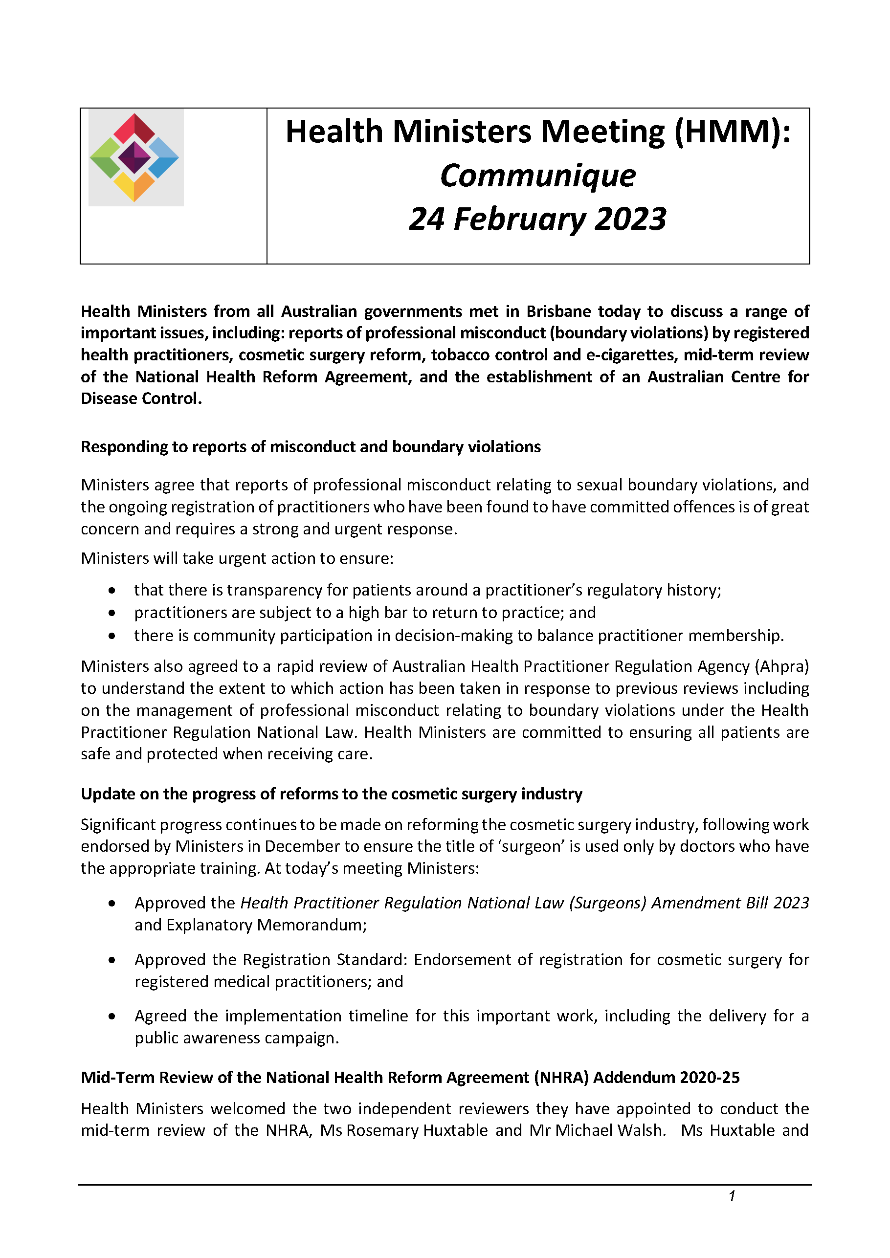 Health Ministers’ Meeting – Communique (24 February 2023)