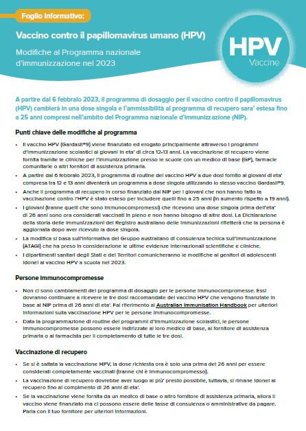 Cover page Human papillomavirus (HPV) vaccine – Italian fact sheet