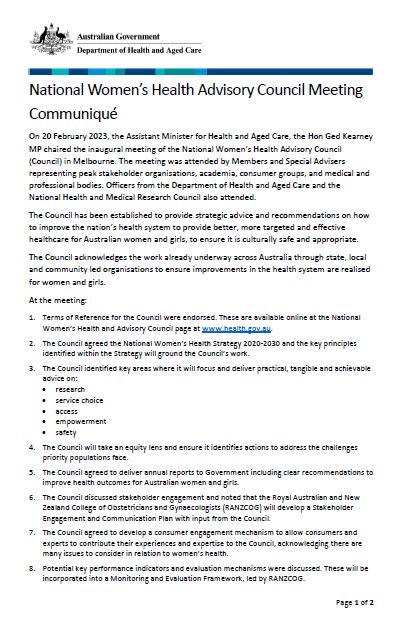 Cover page National Women’s Health Advisory Council communique – 20 February 2023