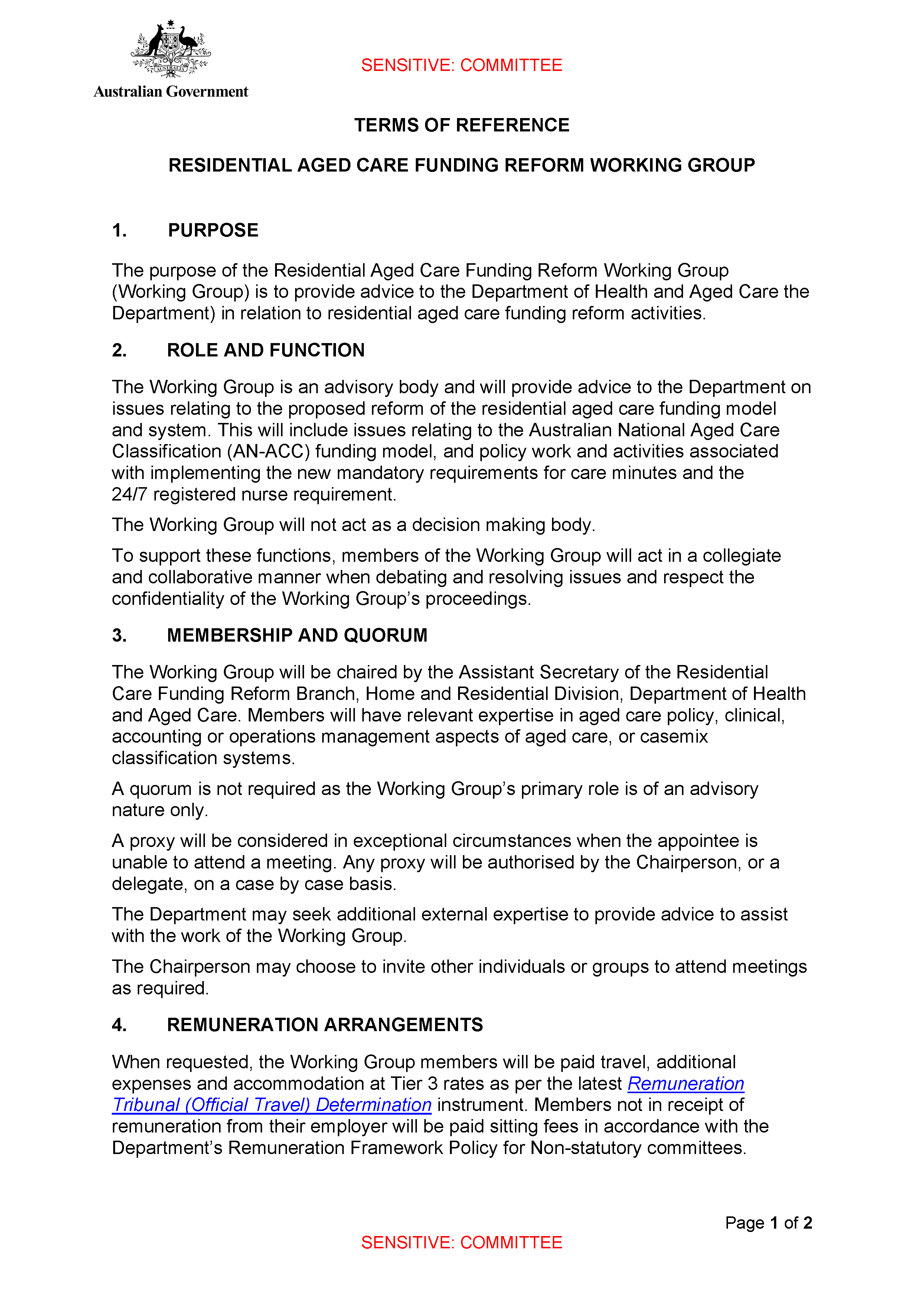 Residential Aged Care (RAC) Funding Reform Working Group Terms of Reference