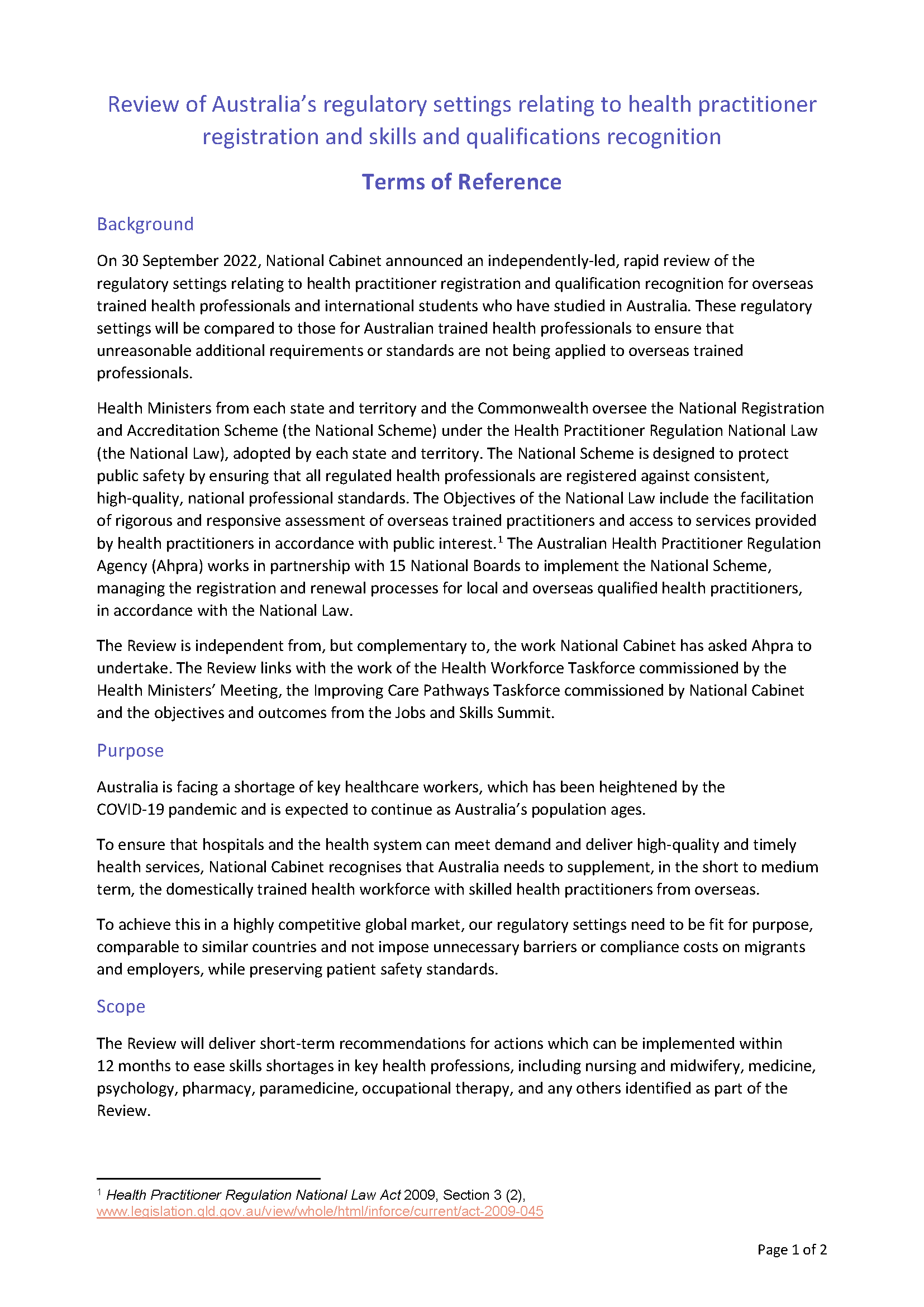 Terms of Reference - Review of health practitioner regulatory settings