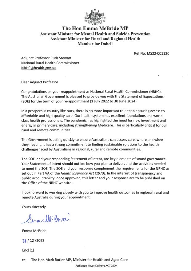 Cover page Statement of expectations for the National Rural Health Commissioner 1 July 2022 to 30 June 2024