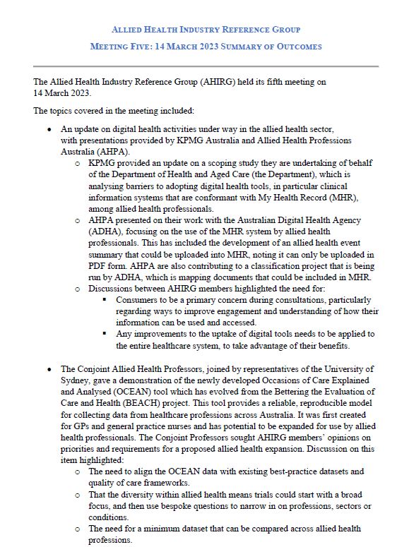 Cover page Allied Health Industry Reference Group – Summary of Outcomes – 14 March 2023
