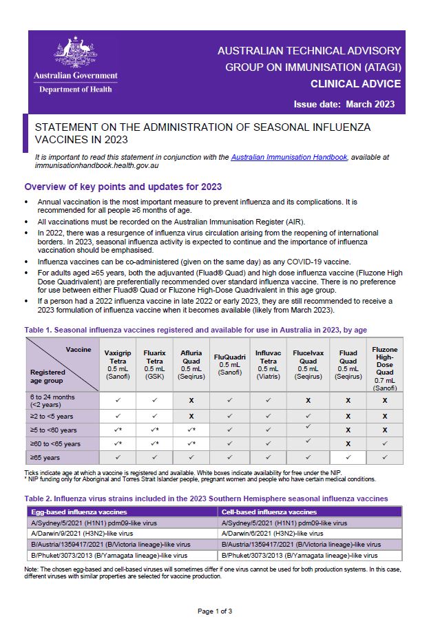 Cover page ATAGI advice on seasonal influenza vaccines in 2023