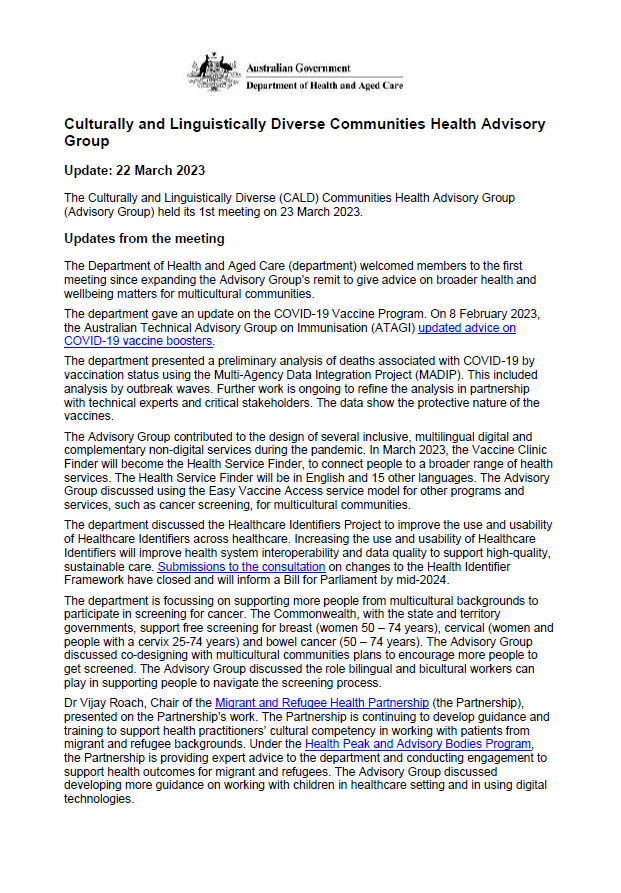 CALD COVID-19 Advisory Group communique – 22 March 2023