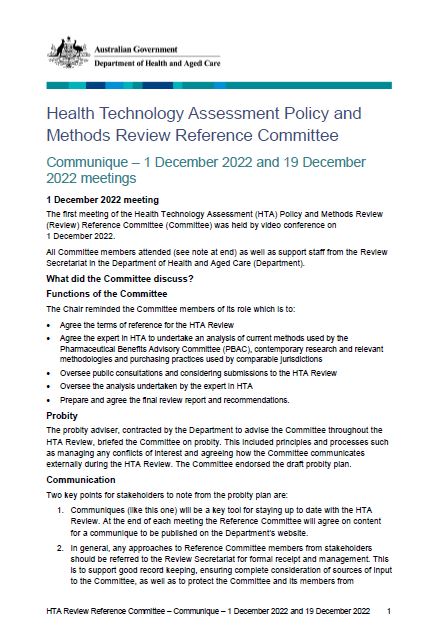 Cover page Health Technology Assessment Policy and Methods Review – Reference committee communique – 1 December 2022 and 19 December 2022