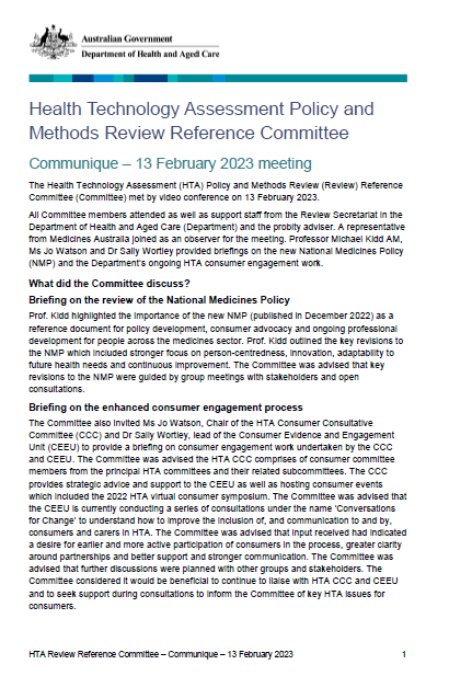Cover page Health Technology Assessment Policy and Methods Review Reference Committee Communique – 13 February 2023 meeting