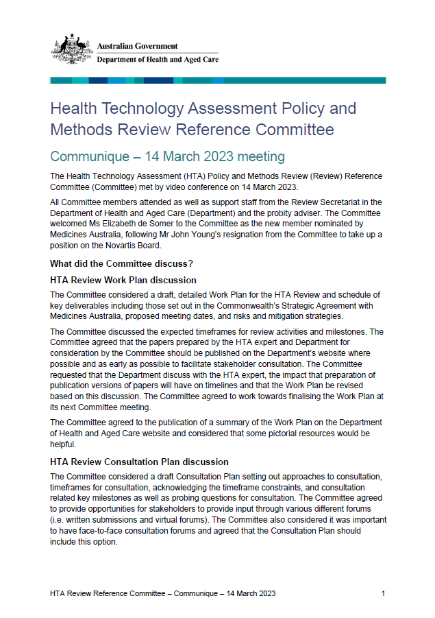 Health Technology Assessment Policy and Methods Review Reference Committee Communique – 14 March 2023 meeting