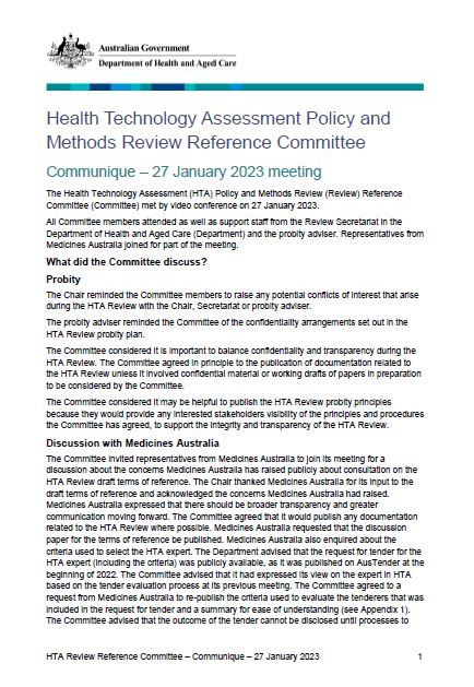 Cover page Health Technology Assessment Policy and Methods Review Reference Committee Communique – 27 January 2023 meeting